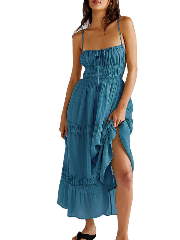 Damska sukienka Maxi z kwiatowym nadrukiem z odkrytymi ramionami Boho plażowa sukienka na wakacje z wybarwionym stanikiem i kwiecistą warstwową spódnicą