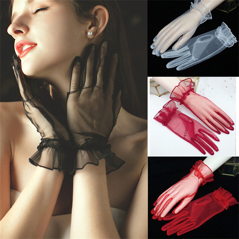 Jesienne letnie damskie krótkie tiulowe rękawiczki białe czarne pielenie rękawiczki elastyczna koronka pełne mitenki Mesh Transparentes rękawiczki