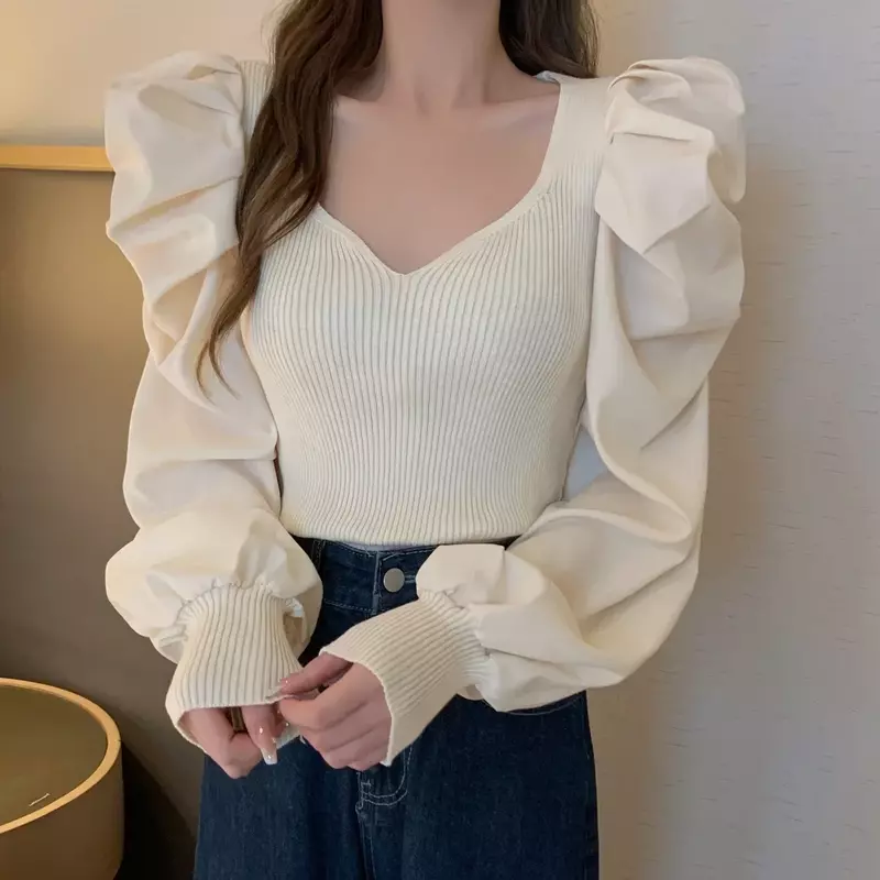 Kimotimo Puff Sleeve Spliced Knitted Bottom Tops Women French V Neck Slim Y2k Cropped Sweater 2023 Autumn Fashion Thin Pullover