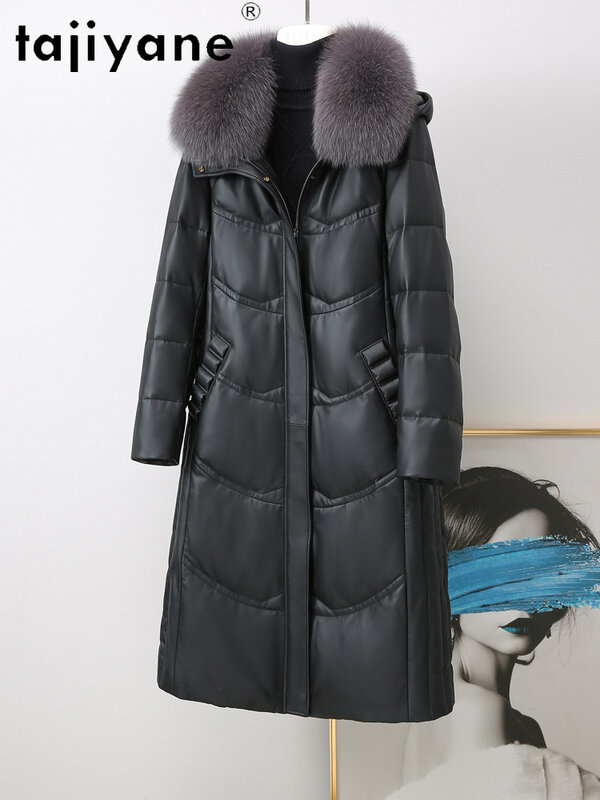Tajiyane Real Leather Jacket for Women Winter White Duck Down Coat Hooded Fox Fur Collar Warm Long Sheepskin Down Coats Abrigos