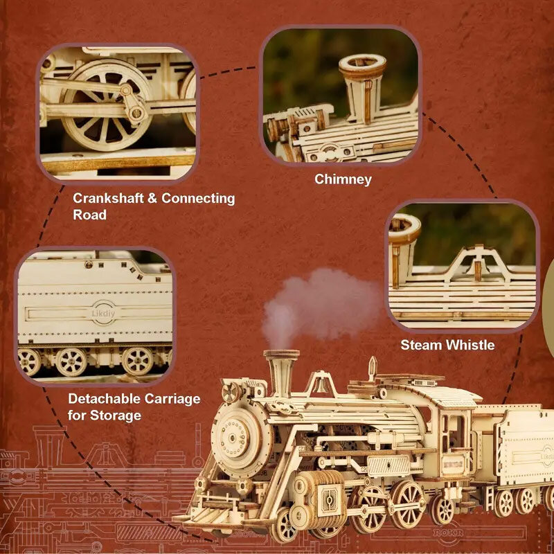 ชุดปริศนา3D รถไฟไอน้ำเคลื่อนที่ได้, บล็อกรูปแบบการสร้างไม้รถจี๊ปของขวัญชิ้นส่วนของเล่นสำหรับเด็กผู้ใหญ่