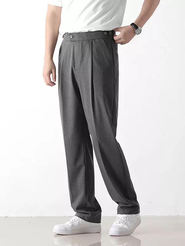 Pantalones informales de moda coreana para hombre, pantalón largo recto, holgado, drapeado, color gris, novedad de verano, 2024
