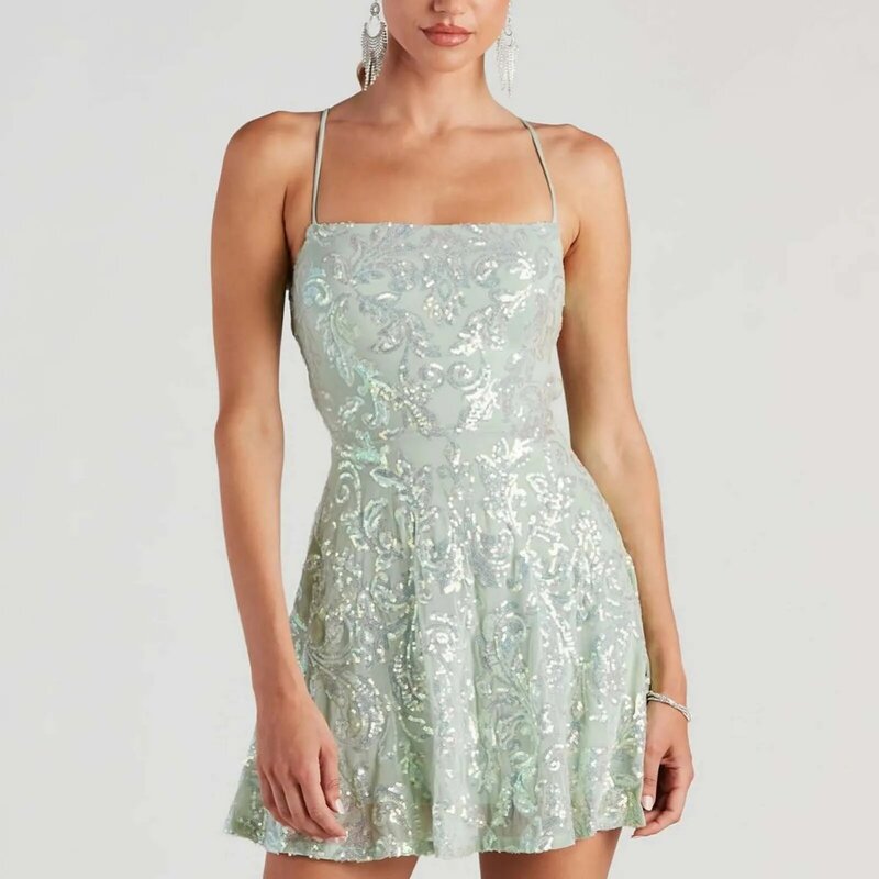 Mini vestidos sem mangas para mulheres, bordado de lantejoulas cintilante, Spaghetti Strap, Glitter Dresses, Elegante vestido de festa