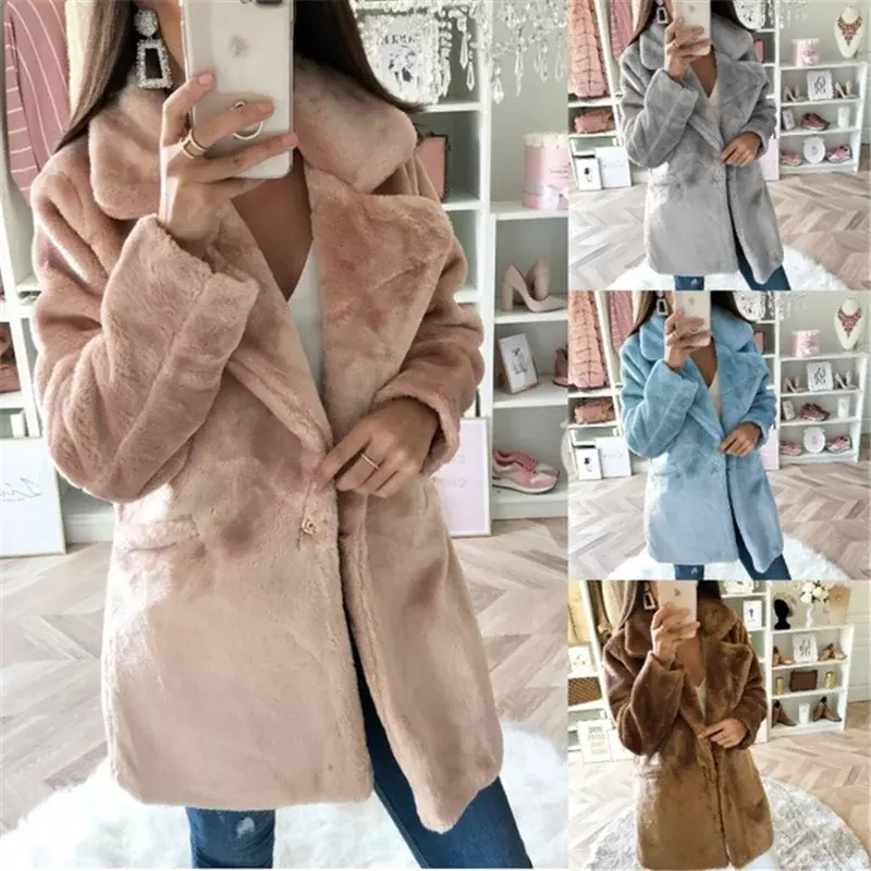 Warm Thickened Coats Women's Faux Fur Coats Solid Color Plush Lapel Clothes Mid Length Winter 2021 Soft Furry Coats New