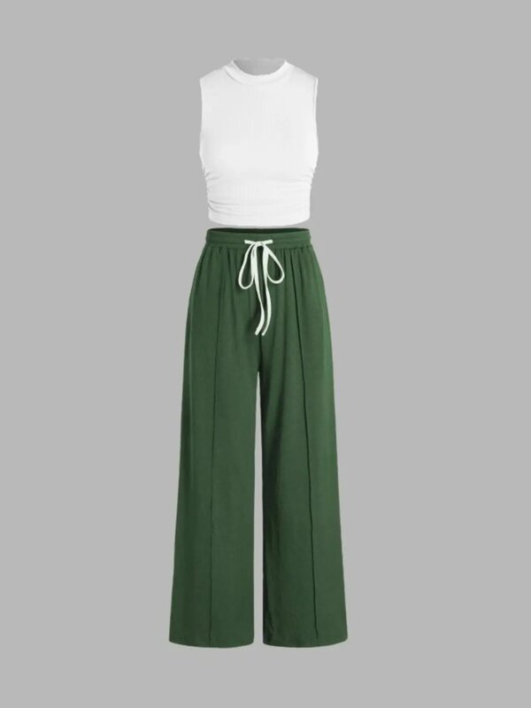 LW Женский комплект из двух предметов Cami брюки с широкими штанинами на шнуровке летний топ без рукавов + Брюки комплекты повседневная женская одежда