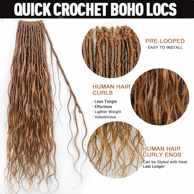 Ganchillo Boho Locs con rizos de cabello humano, extensiones de cabello preondulado, trenzas rubias marrones, Deadlocks de cabello sin nudos para trenzar
