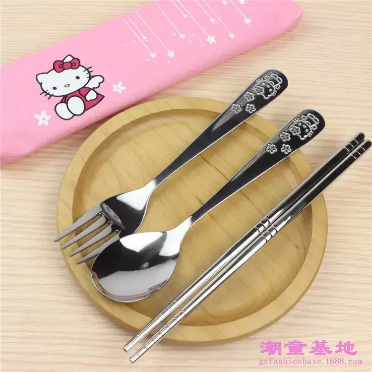 Sanrioed Cute HelloKittys Kids Tableware Set Anime Cartoon Baby Meal Metal Spoon Fork Chopsticks Kawaii Tableware Children Gift