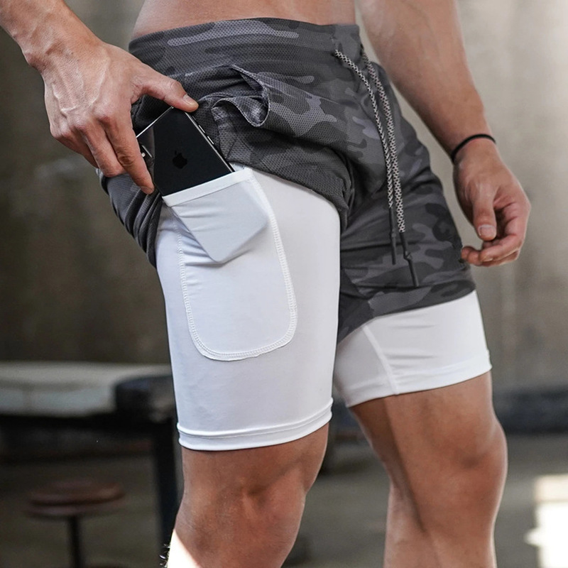 Pantalones cortos deportivos de camuflaje para hombre, 2 en 1, de secado rápido, para entrenamiento, gimnasio, Fitness, Jogging, Verano
