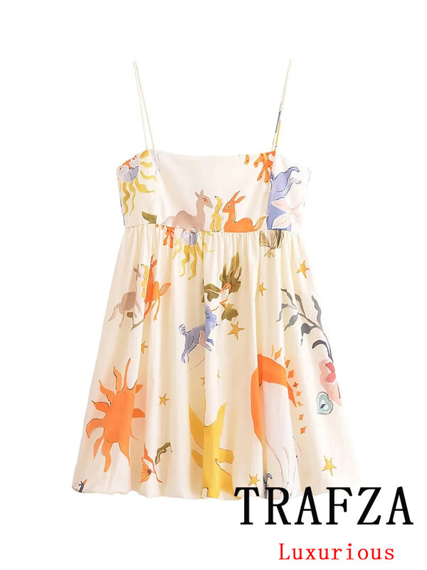 TRAFZA-Vestido vintage sem mangas estampado em flor para mulheres, cami vestido de baile, zíper, vestido Boho Beach, moda verão, 2024