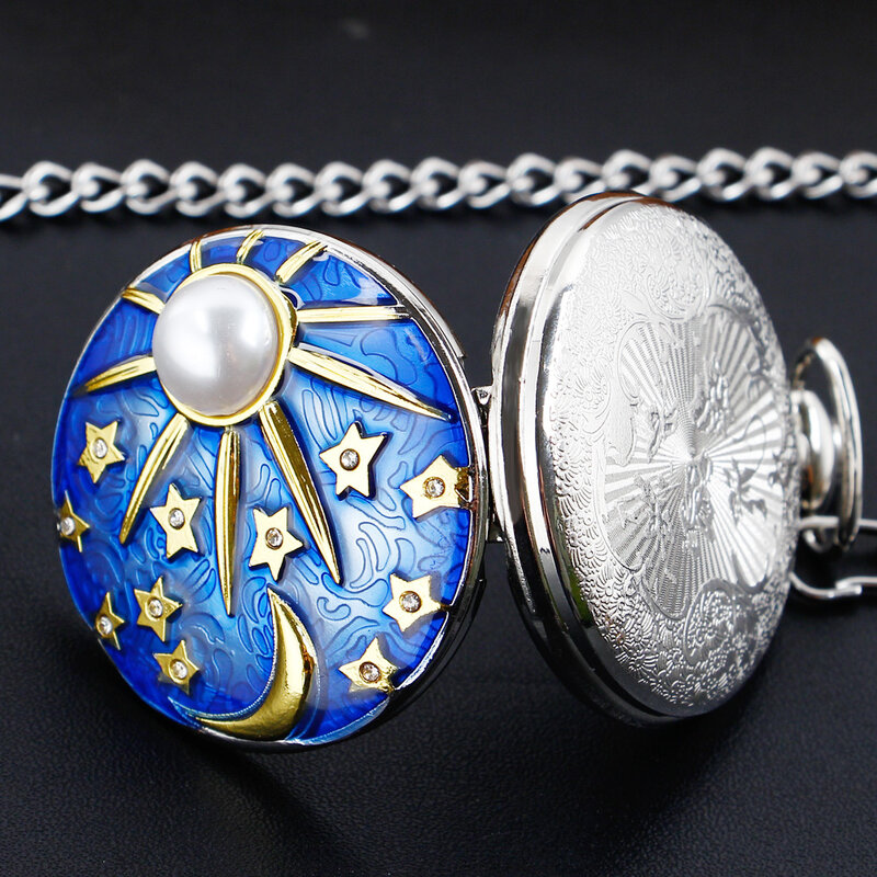 New Relief Art Encrusted Gold Star and Moon Pattern Pocket Watch Blue Starry Sky Necklace Pockets Fob Chain Clock