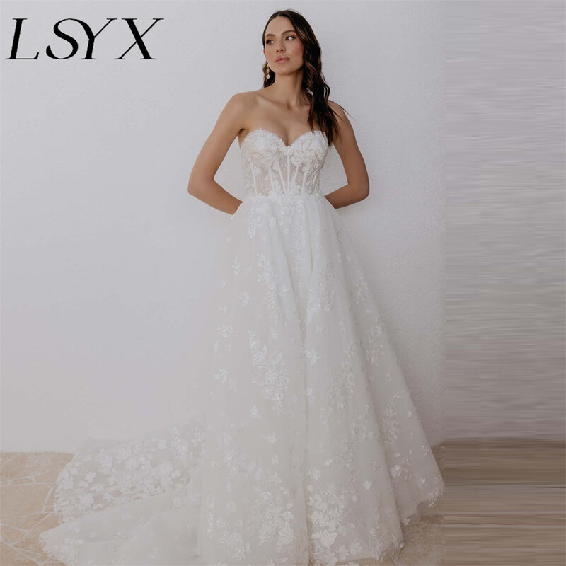 LSYX Elegant Sweetheat Appliques Tulle A-Line Wedding Dress High Side Slit Zipper Back Floor Length Bridal Gown Custom Msde