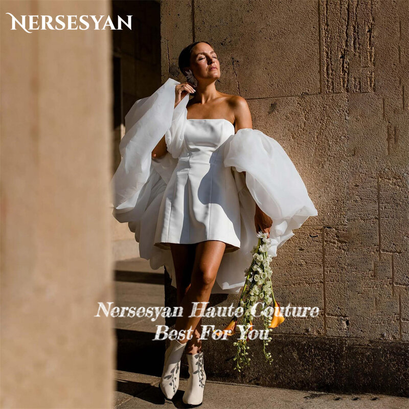 فساتين زفاف من الساتان Nersesyan-Mini-line ، مكشوفة الكتفين ، فساتين زفاف عارية الذراعين ، جاكيت مكشكش ، فستان عروس بدون حمالة