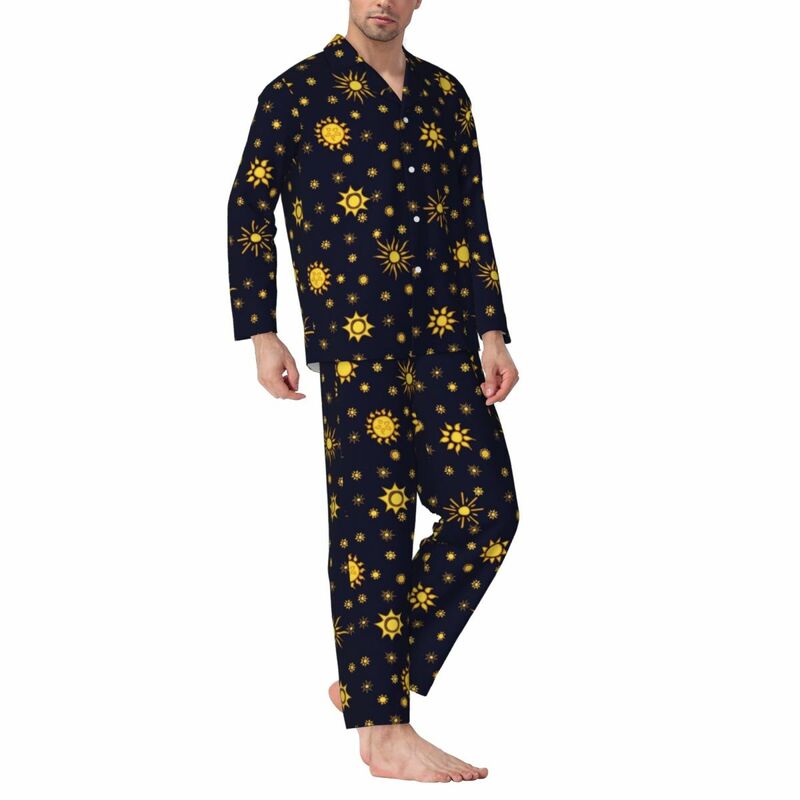 Gold Sun Print Pajama Set Autumn Sunshine Comfortable Leisure Sleepwear Men Two Piece Loose Oversized Graphic Nightwear Gift