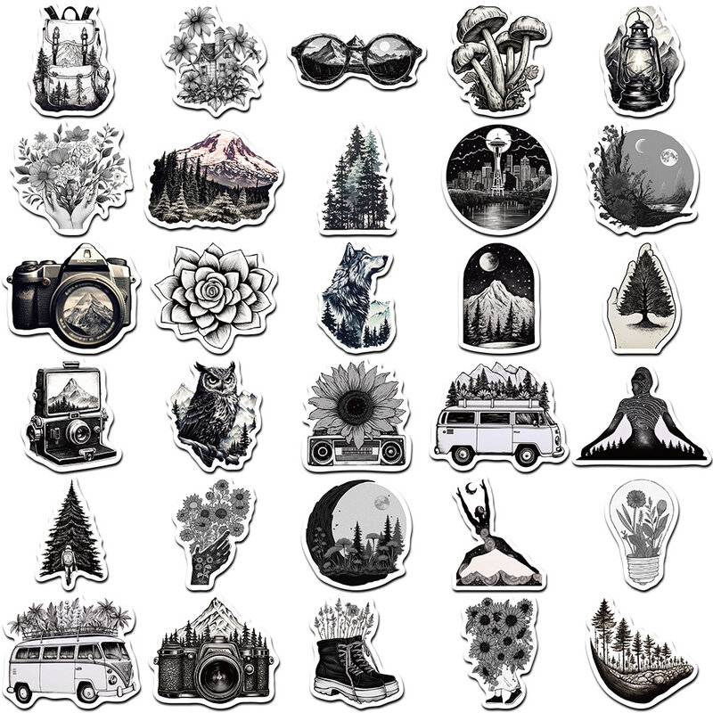 Autocollants de dessin animé de paysage extérieur noir et blanc, graffiti esthétique, voiture, moto, bagage, valise, 10 pièces, 30 pièces, 60 pièces