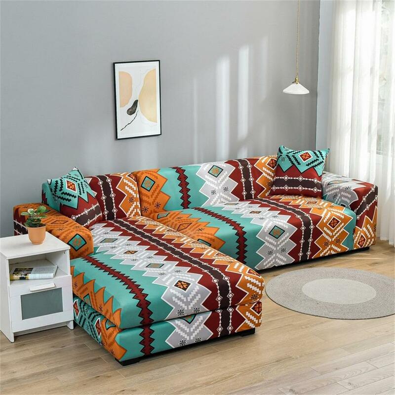 غطاء أريكة مطاطي قابل للتمدد مطبوع لغرفة المعيشة غطاء أريكة على شكل حرف L لتزيين المنزل 1/2/3/4-مقاعد