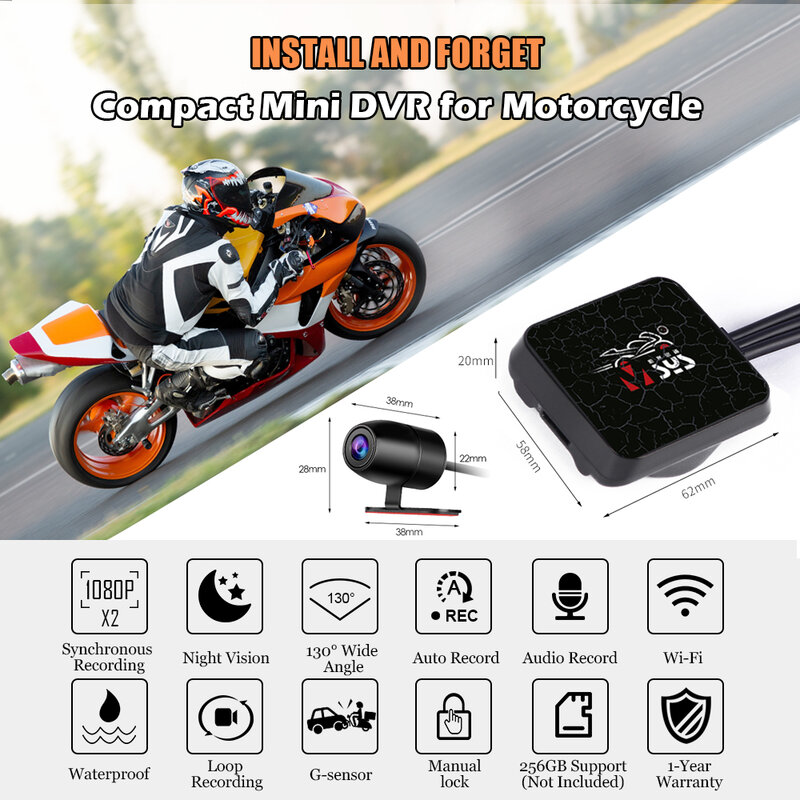 SYS-VSYS Motocicleta DVR duplo, 1080P, Action Camera Recorder, frontal e retrovisor, Dash Cam impermeável, preto, Night Vision Box