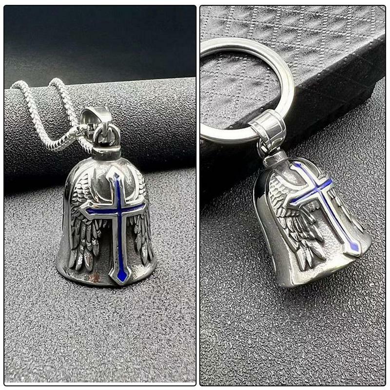 Biker Bell Pendant Engraved Red Cross Wings Motorcycle Bell Punk Guardian Bell Necklace Pendant For Men Lucky Amulet Jewelry