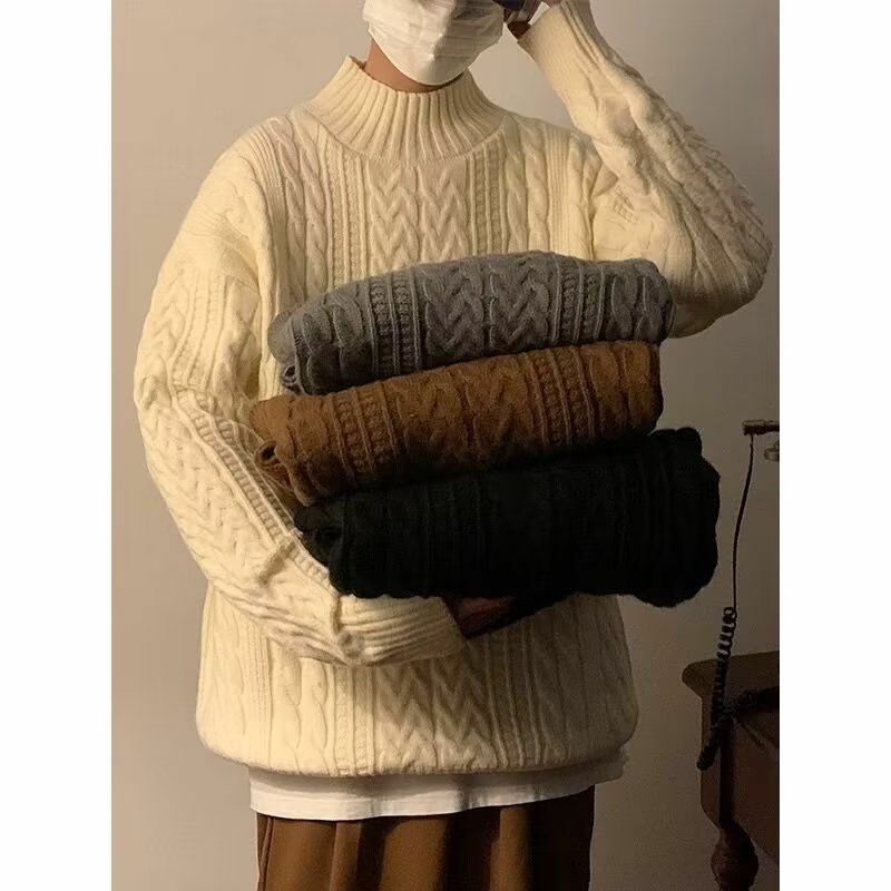 2023 New Winter Men's Vintage Casual Sweater Casual Pullover Men Warm Sweaters Loose Solod Color Knitted Pullovers Male B54