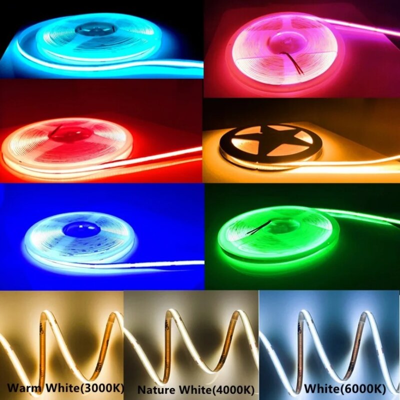 COB LED Strip Light, fita flexível, quente Natural branco, alta densidade, luzes lineares, alto brilho, PCB, 12V, 24V, 320, 480 LEDs, 8mm