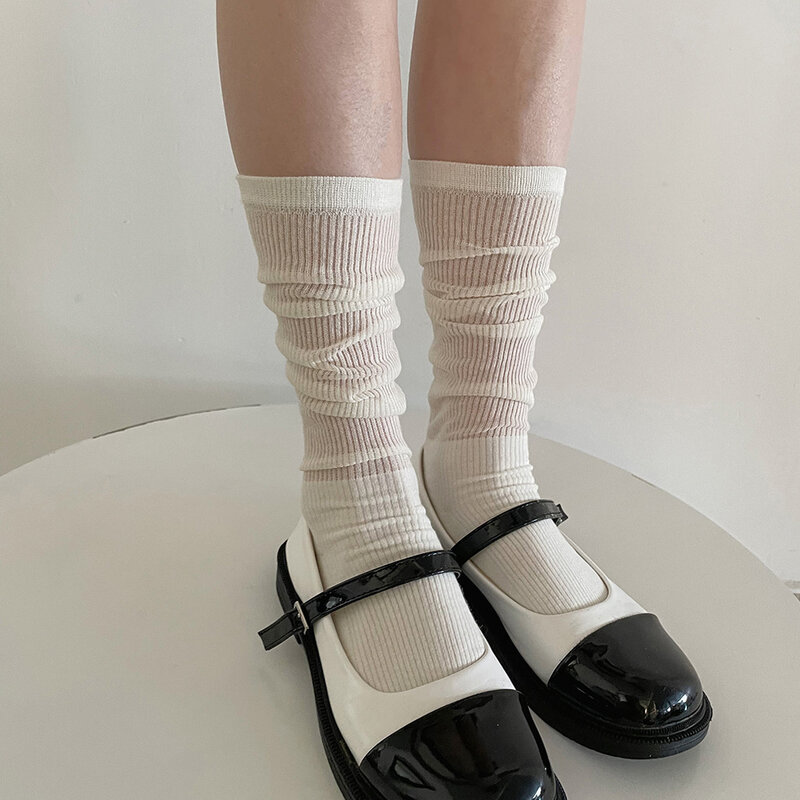 Girls Spring Summer Fashion Thin Solid Color Silk Socks Women Stitching Knitted Japanese Sweet Vertical Stripe Pile Up Stockings