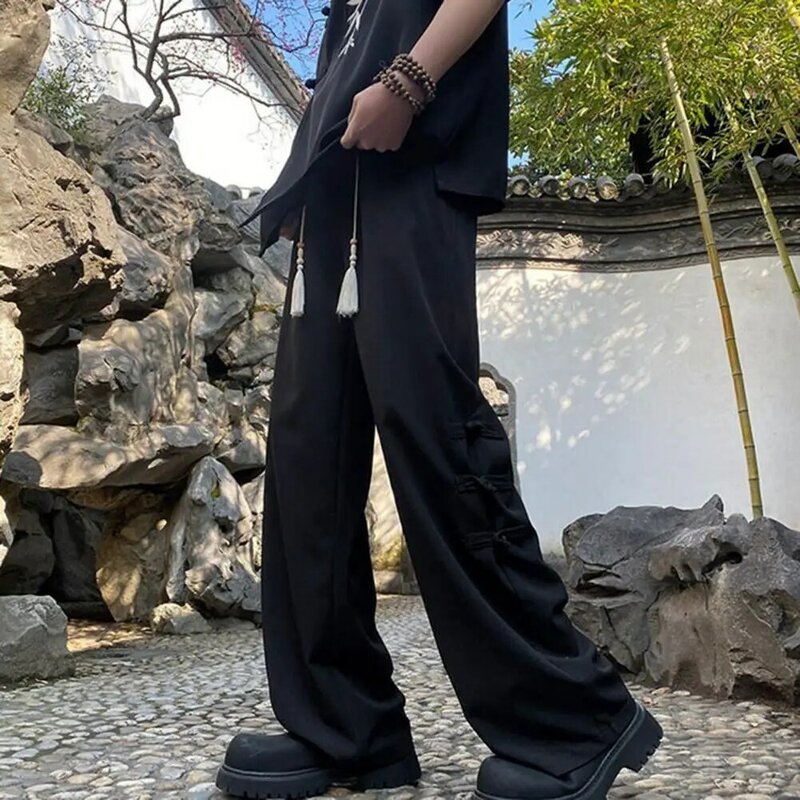 Chinese-style Strap Trousers Chinese Style Men's Tassel Knot Drawstring Pants with Wide Leg Elastic Waist Retro Inspired Solid