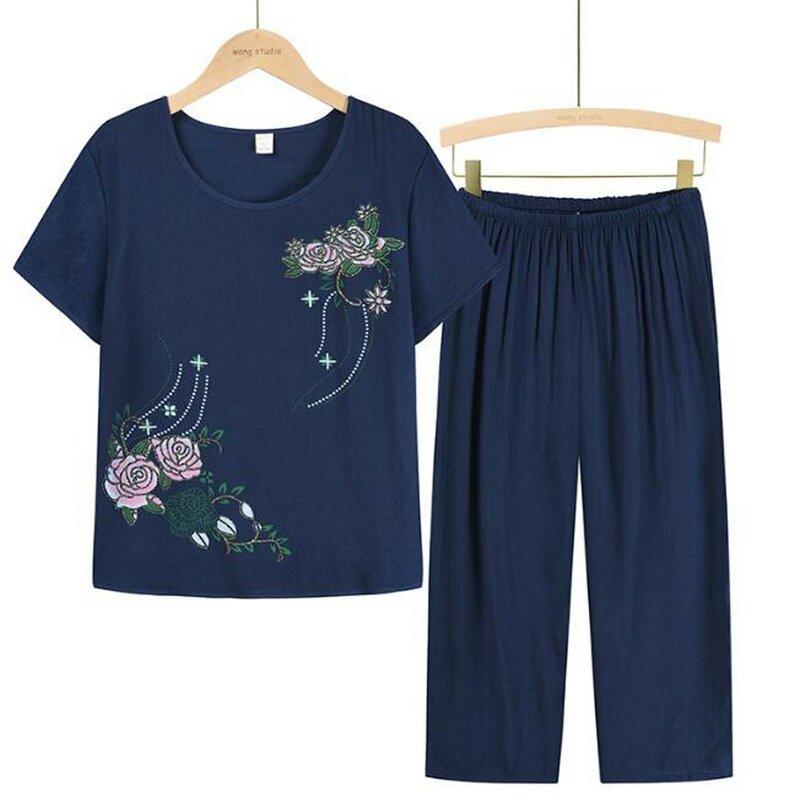 Middle-aged and Elderly Women Summer Short Sleeve Floral Print Loose Cotton Linen T-shirt Top Wide-leg Pant 2PCS Set Mother suit