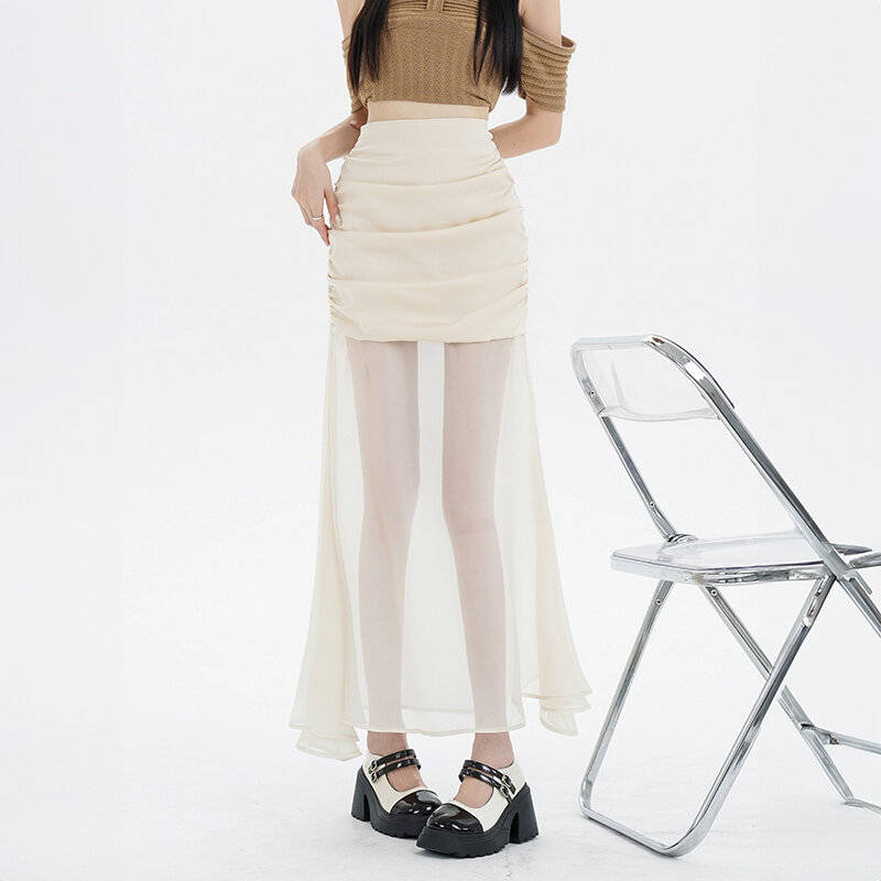 Юбка абрикосовая средней длины для женщин, летняя тонкая юбка трапециевидной формы с сетчатыми вставками и высокой талией