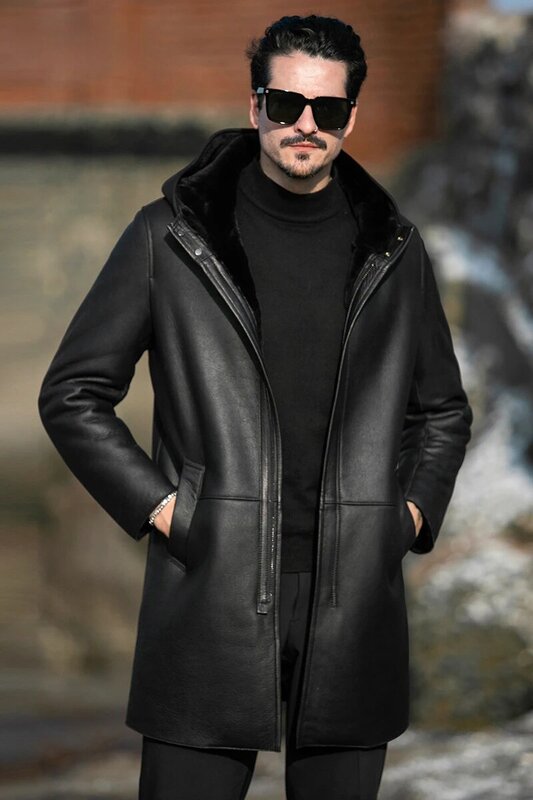 Casaco de pele de carneiro real masculino, jaqueta comprida com capuz masculino com roupas de inverno, pele natural, casual, F
