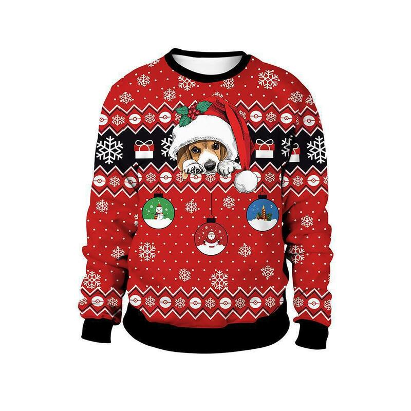 Sweater Pullover Natal, motif hewan baru, Sweater pasangan, leher bulat, Pullover Natal, motif 3D