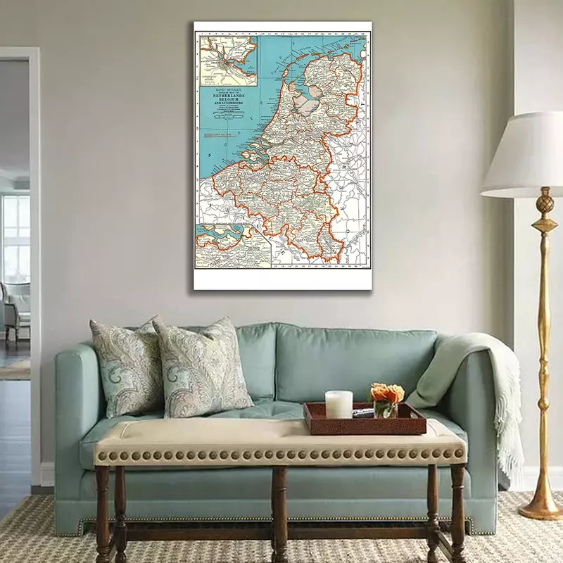 Póster Artístico de lienzo para decoración del hogar, póster de pared Retro de 100x150cm con mapa politico de Bélgica y Países Bajos en 1936