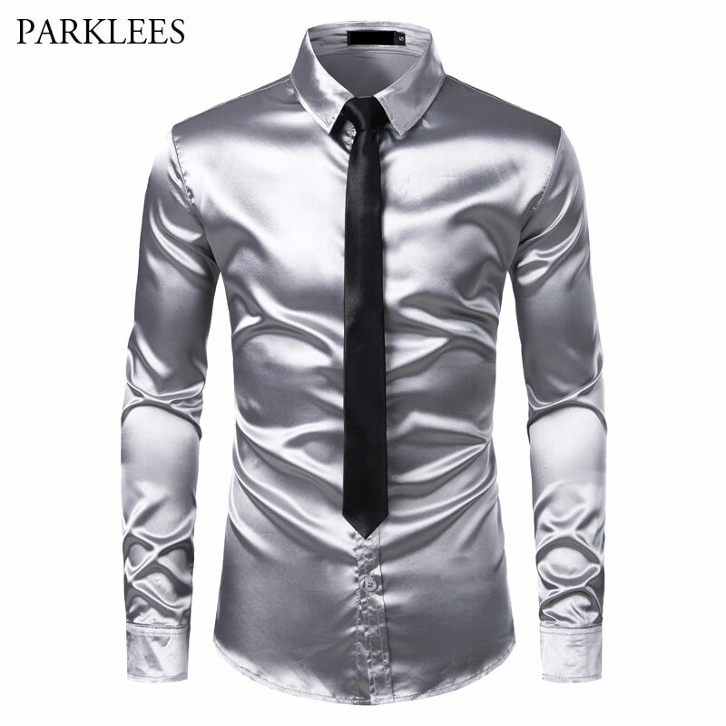 Серебряная шелковая рубашка + галстук, набор, мужские атласные гладкие смокинги, повседневные мужские рубашки на пуговицах, рубашки для свадебной вечеринки, выпускного вечера, Chemise Homme