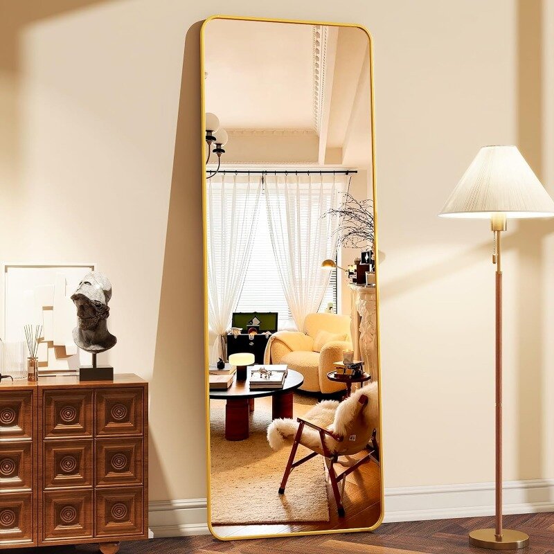 Зеркало напольное в полную длину, прямоугольное зеркало с подставкой, 66 х23 дюйма, с закругленными углами, с креплением на стену