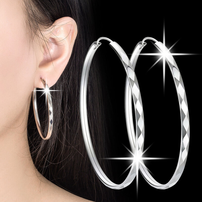 925 Sterling Silver Round Diamond 3/4/5/6CM Hoop Earrings For Women Party Luxury Jewelry Accessories 2024 Trend Jewellery