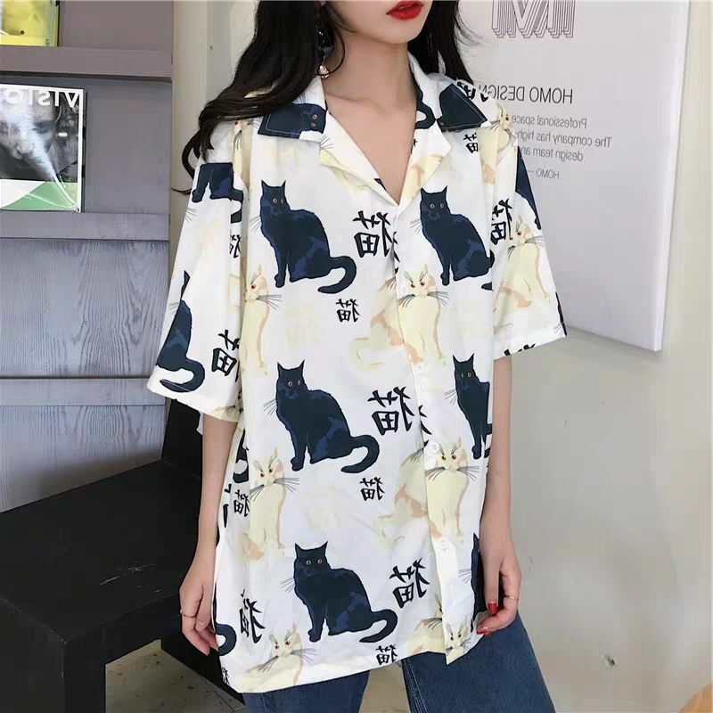 Shirts Women Vintage Cat Printed Korean Basic Loose Chic Design Ladies Clothing Girl Daily College Street All-Match Womens Top