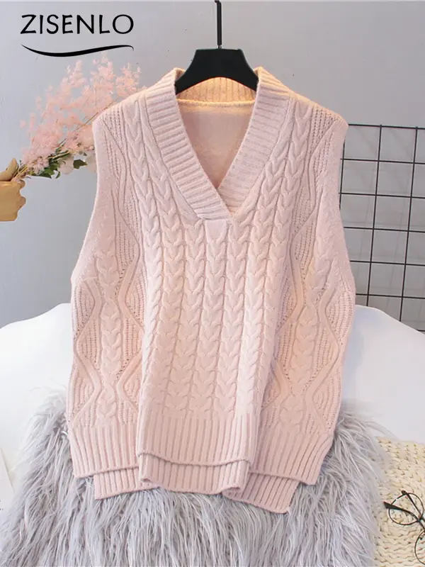 Womens Clothing Autumn V-neck Vest Knitted Pullover Loose Vintage Solid Color Sleeveless Undershirt Sweater Vest Korean Fashion