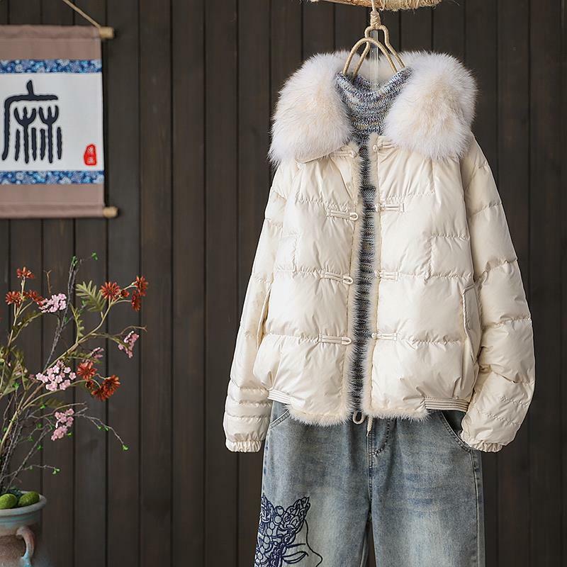 여성용 화이트 덕 다운 재킷, 중국 스타일, 단추 여우 모피 칼라, 두꺼운 코트, 짧은 상의, 트렌드 재킷, 2023 겨울 신상