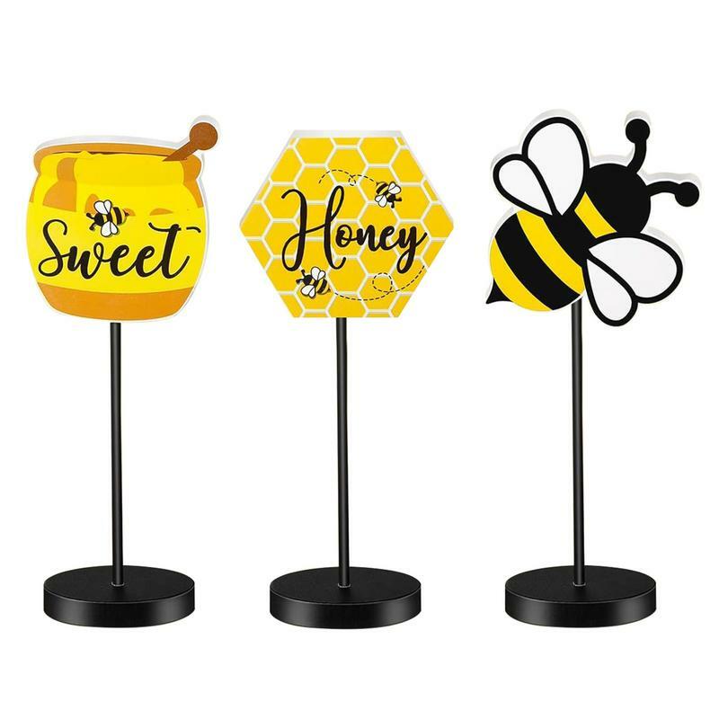 Biene Holz Tisch Zeichen 3 Stück Honig Steht isch Zeichen freistehende rustikale Biene Tisch Topper Sommer für Biene abgestufte Tablett Party