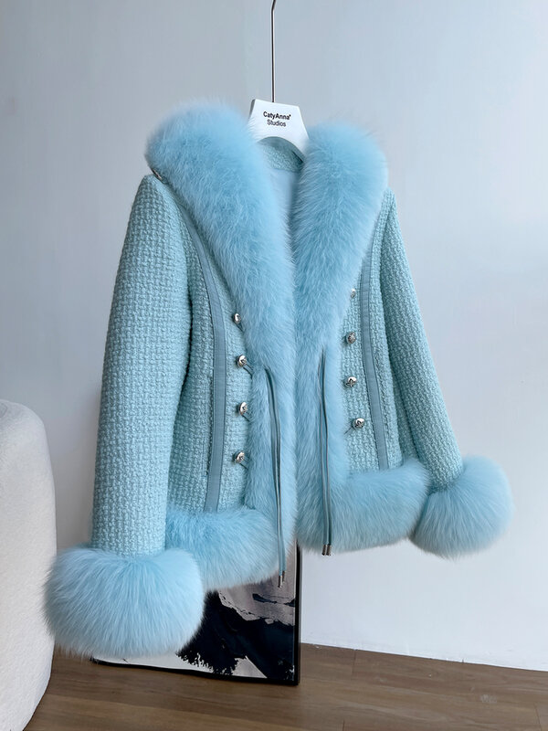 2023 vera pelliccia cappotto giacca invernale donna naturale pelliccia di volpe tessuto bottoni in maglia misto Casual scollo a v spessa calda Tweed nuovo