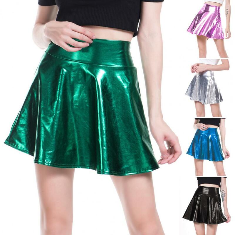 Mini-saia feminina de couro PU de cintura alta, streetwear, skater, cor brilhante, boate, show de palco