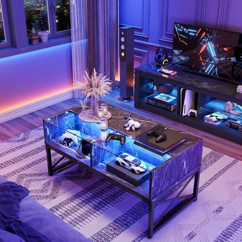Meja kopi LED, Meja pusat ruang tamu besar 42 inci, meja teh Gaming pintar untuk rumah kantor, meja kopi
