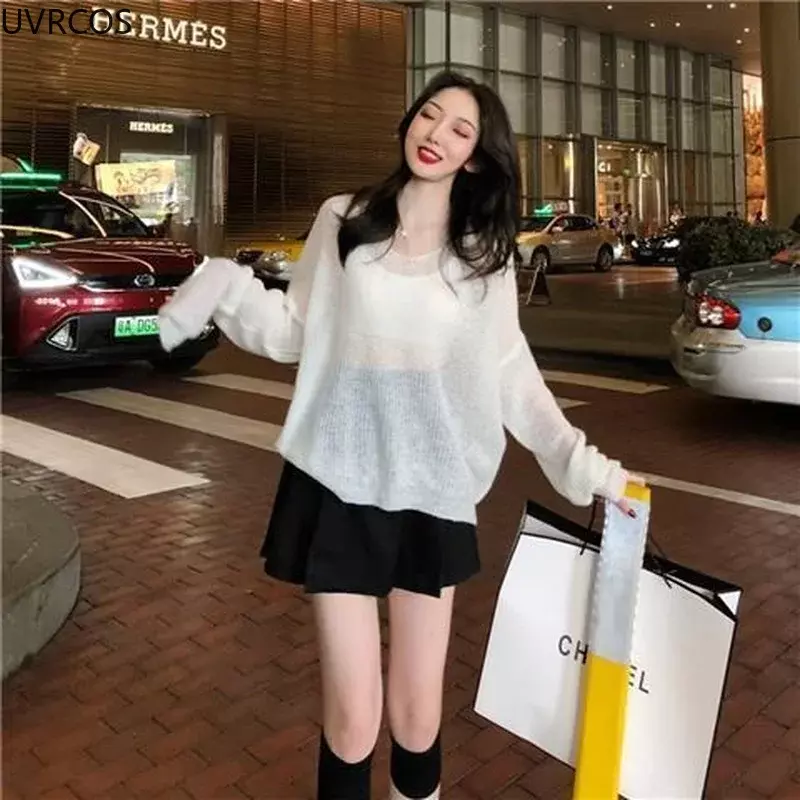 Sweter seksi tipis wanita, baju pullover rajut berongga Vintage manis kasual longgar kerah v elegan Korea