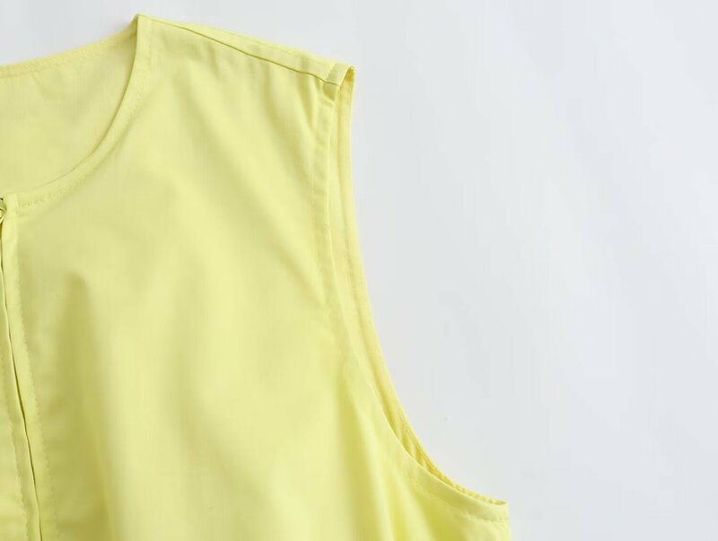 Dames Nieuwe Mode Zijzakdecoratie Casual Korte Ronde Vest Jas Vintage Mouwloze Rits Dames Vest Chic Top