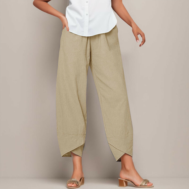 กางเกงขายาวผู้หญิง, กางเกงเอวสูงกางเกงสวมใส่สบายลำลองสีพื้นเรียบง่ายกางเกงขายาวขาตรงฤดูร้อน