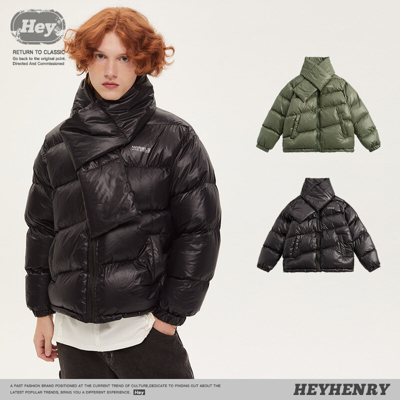 Chaqueta de algodón para hombre, abrigo holgado de dos piezas con babero, color negro, Simple, para otoño e invierno, 2022