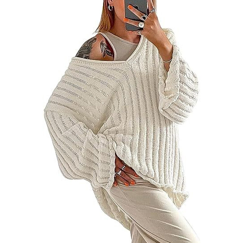 2023 V Neck Knitted Pullover Sweater Hollow Sexy Autumn Winter Loose Women Jumper Fashion Casual Long Sleeve Sweaters Tops 28491
