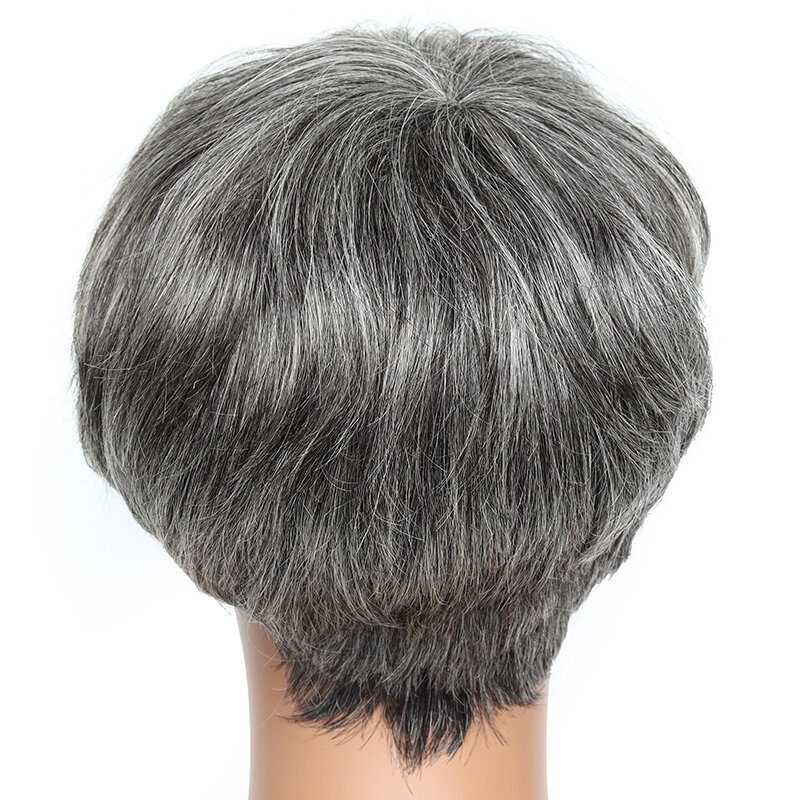 Natural encaracolado peruca de cabelo humano para mulheres, peruca curta cinza, camadas Bangs, 150% Densidade