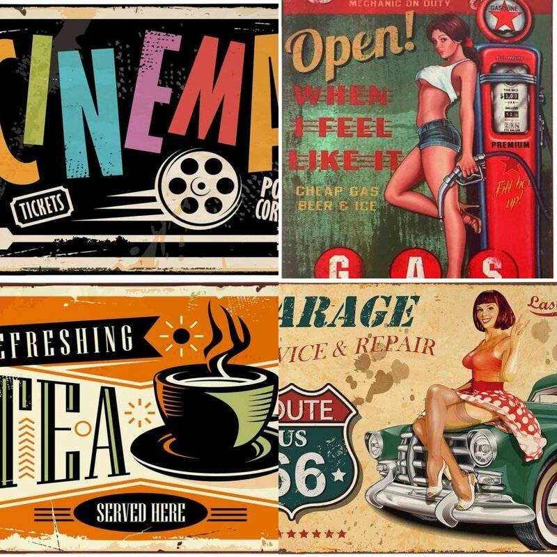 Car Sticker RetroGarage Service Repairs Women Sit On the Green Car Vintage Metal Tin Signs Cafes Bars Pubs Shop Wall Decorative
