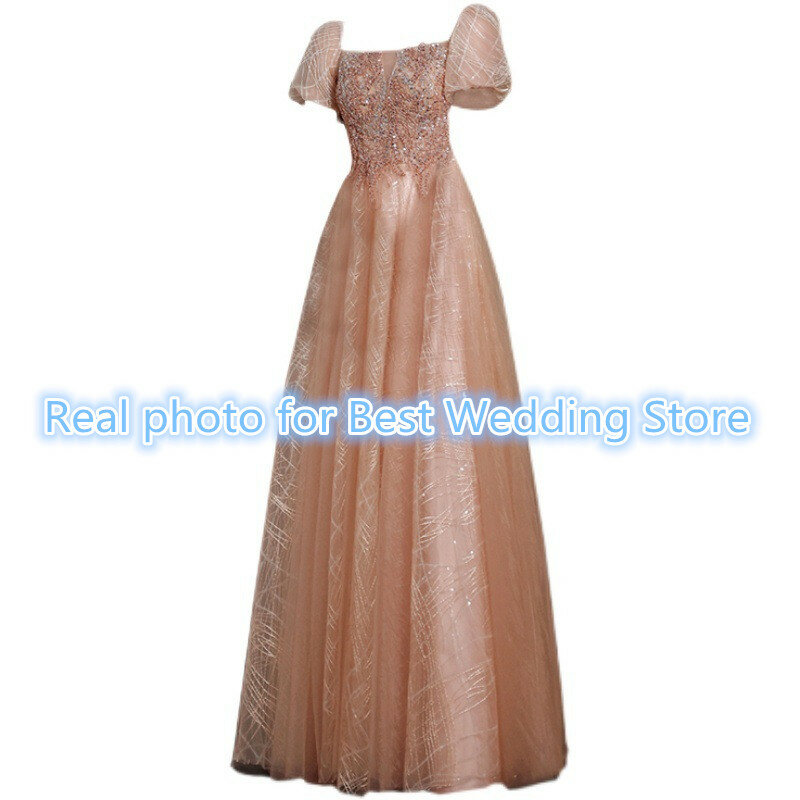 100% prawdziwe zdjęcie różowe złoto sukienka na studniówkę Bling kryształy koraliki linia Party suknia wieczorowa kwadratowy dekolt Puffy rękawy Robe De Mariée
