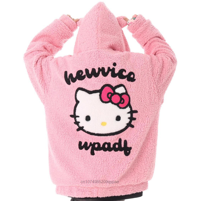 Kawaii Sanrio Hello Kitty pluszowa bluza z kapturem damska zimowa nowa moda bluza Y2k Preppy Girls sweter płaszcz luźna odzież codzienna