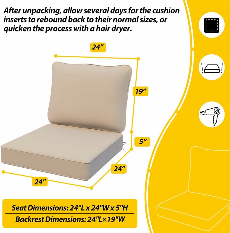 Уличные подушки на Глубокие сиденья для мебели патио, набор водонепроницаемых сменных подушек на стулья патио 4, 24x24x5 дюймов, бежевый
